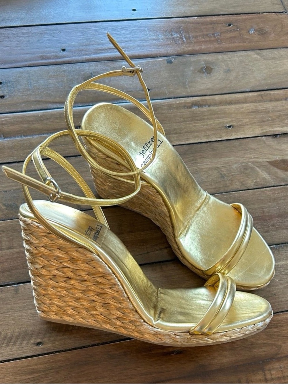 Jeffrey Campbell Tierney Gold Metallic Wedge Sandals 40